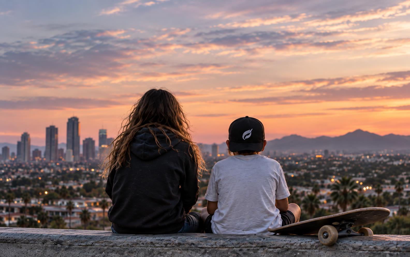 Brielle and Link from behind, sitting on a ledge above the city at sunset, a skateboard beside them