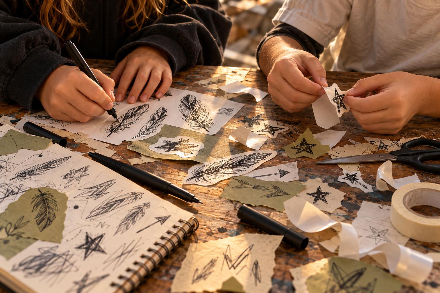 Brielle and Link at a wooden table inking feathers and cutting out stickers from torn olive paper